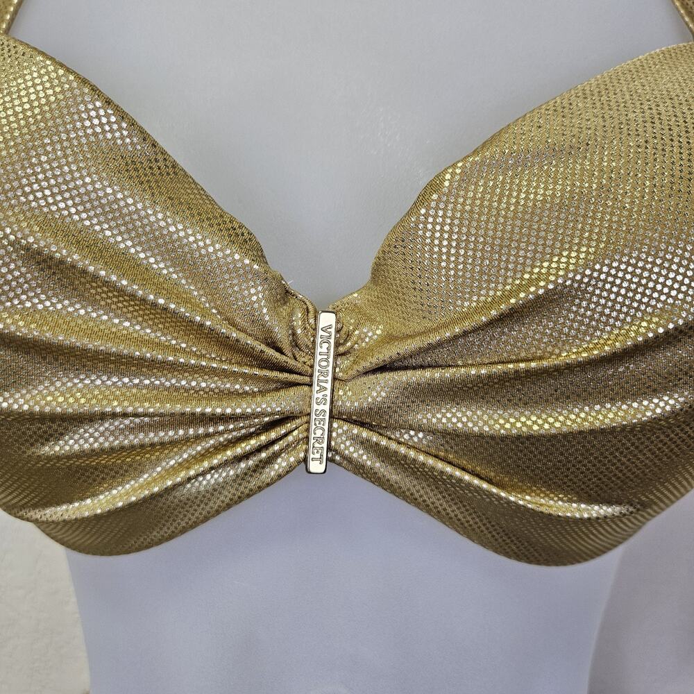 Victoria Secret Liquid Gold Bikini Set L 36DD Very Sexy Y2K Pushup Halter Ruched - Picture 4 of 16